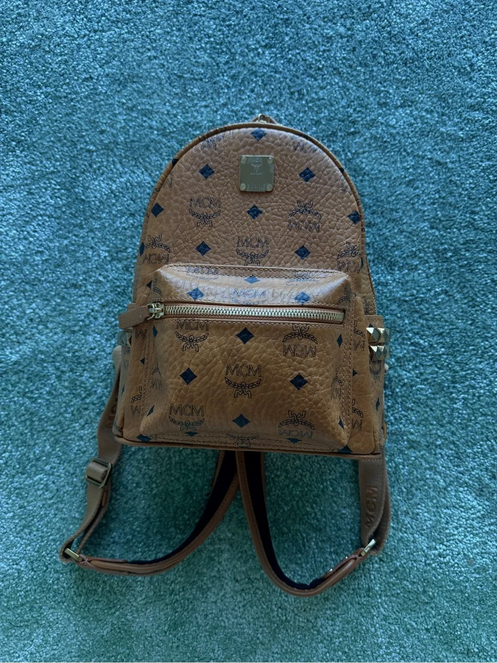 MCM Tan Visetos Logo Mini Backpack with Gold Hardware